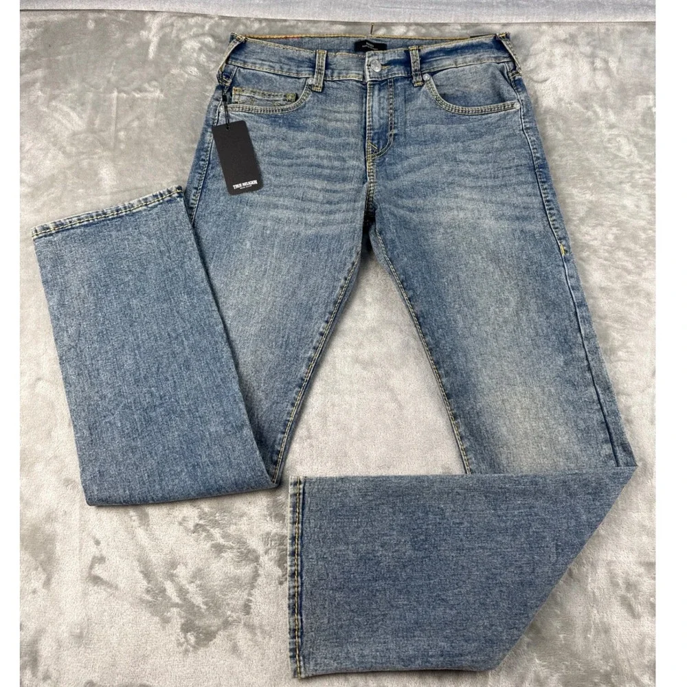 True Religion Jeans Mens 32x34 Ricky Blue Straight Leg Signature Stitch NEW